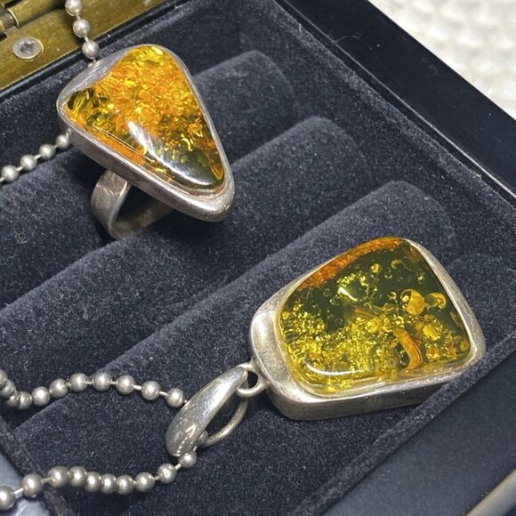 925 Sterling Silver Amber Set – Signed SO – MJI Necklace – Ring Size 8 - Picture 11 of 16